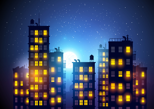 Brightly lit midnight city vector background 03