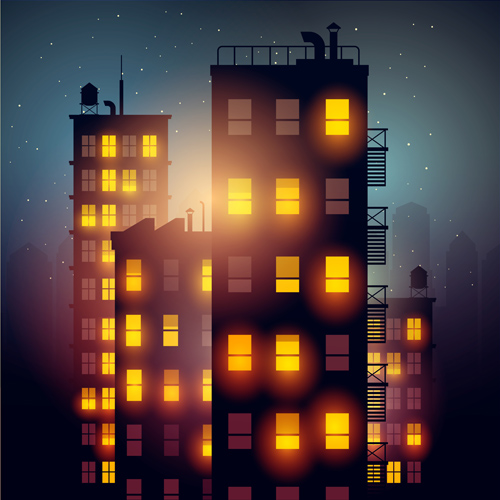 Brightly lit midnight city vector background 04