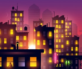 Brightly lit midnight city vector background 05