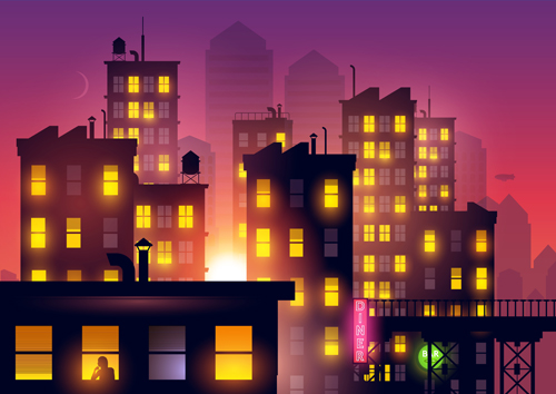 Brightly lit midnight city vector background 05