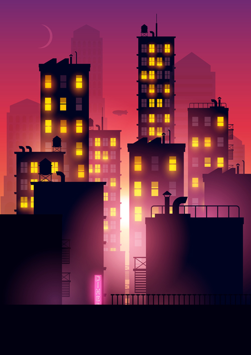 Brightly lit midnight city vector background 07