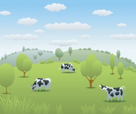 Cartoon dairy cow and natural landscapes vector