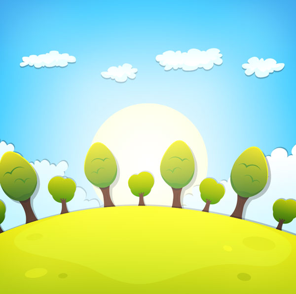 Cartoon tree and clouds scenery background vector
