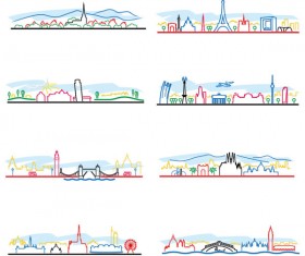 Colored outline world famous buildings vector banner