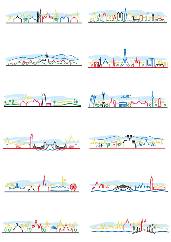 Colored outline world famous buildings vector banner