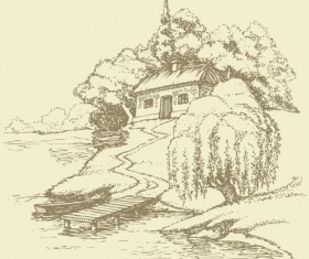 Drawing landscape countryside vector set 03