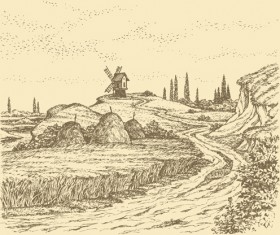 Drawing landscape countryside vector set 04