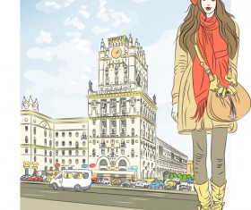 Fashion girl with urban life vector 01