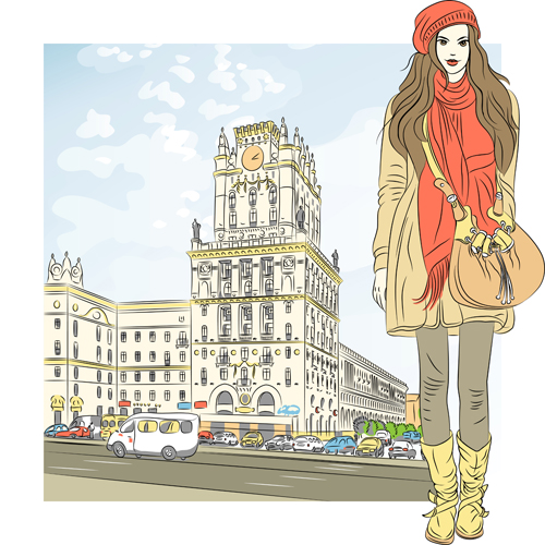 Fashion girl with urban life vector 01