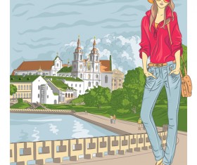 Fashion girl with urban life vector 03
