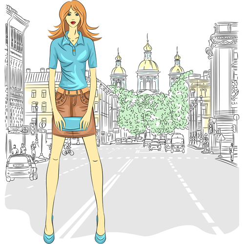 Fashion girl with urban life vector 04