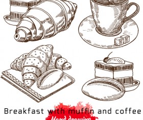 Hand drawing breakfast with muffin and coffee vector