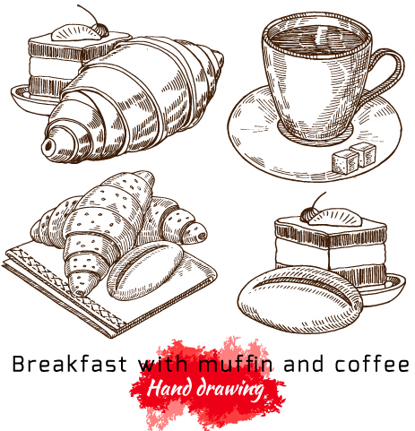Hand drawing breakfast with muffin and coffee vector