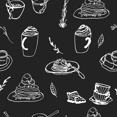 Hand drawn coffee and cake seamless pattern vector 01