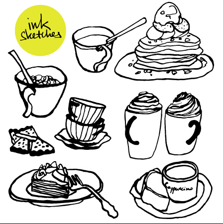 Hand drawn coffee and cake vector graphics