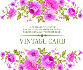 Pink flowers vintage card vector 01