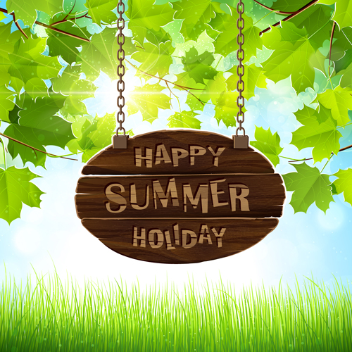 Summer green leaves with sunlight vector background 01