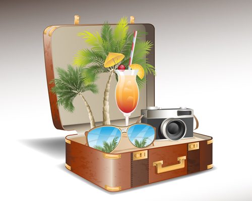Travel elements and suitcase creative background set 04