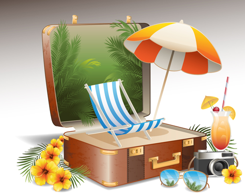 Travel elements and suitcase creative background set 05