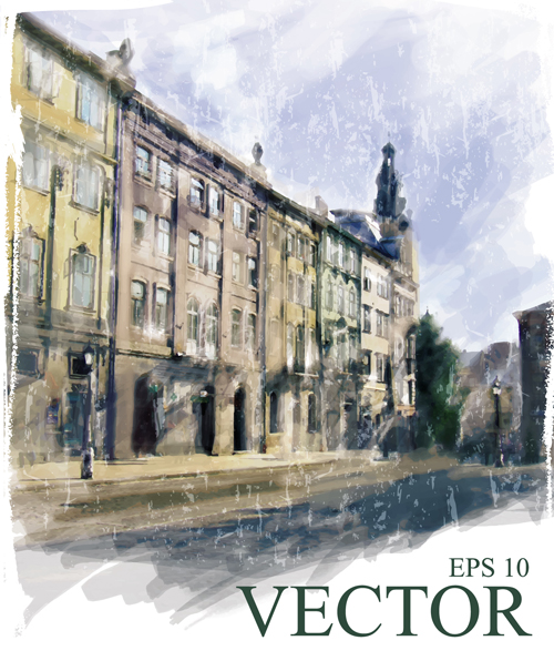 Watercolor drawn city vector graphics 01