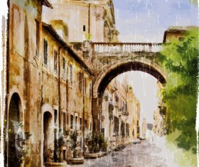 Watercolor drawn city vector graphics 02