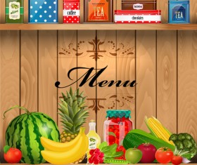 Wooden shelf with food creative graphics vector 01