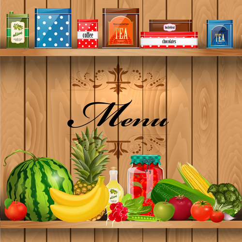Wooden shelf with food creative graphics vector 01