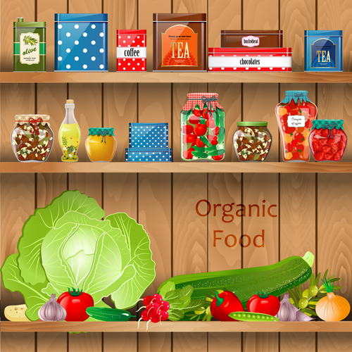 Wooden shelf with food creative graphics vector 02
