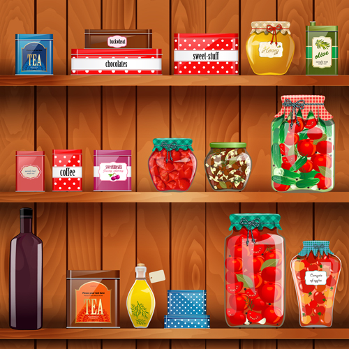 Wooden shelf with food creative graphics vector 03