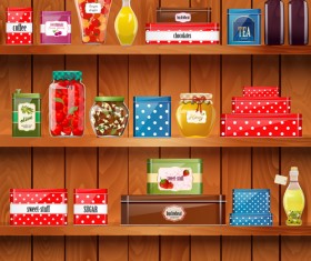 Wooden shelf with food creative graphics vector 05