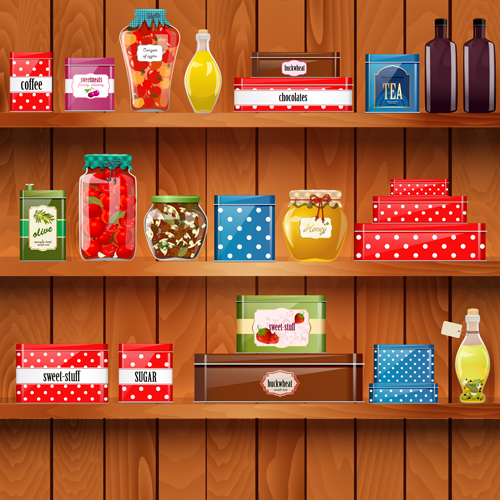 Wooden shelf with food creative graphics vector 05
