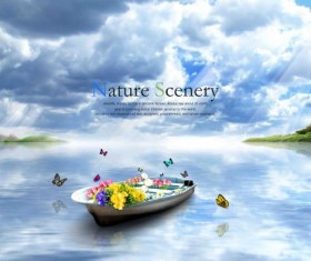 Beautiful nature scenery with butterflies psd background