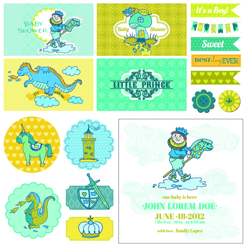 Cartoon baby shower cards design vector 04
