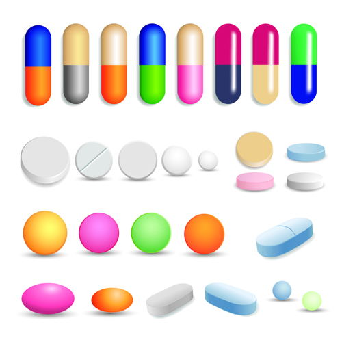 Different tablets and capsules design vector 01