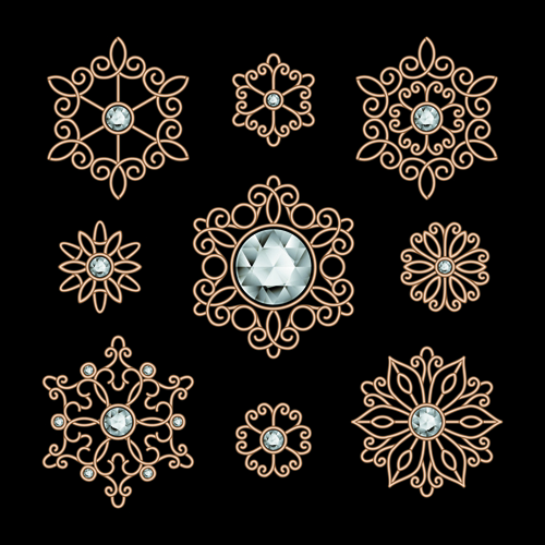 Golden floral with jewels and black background vector 01