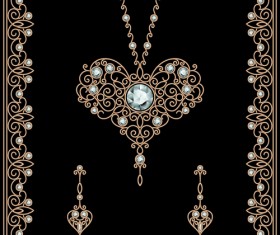 Golden floral with jewels and black background vector 02