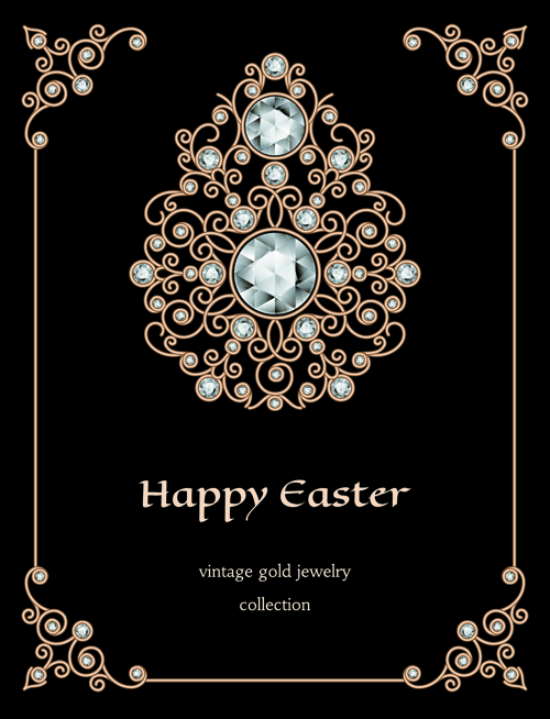 Golden floral with jewels and black background vector 04