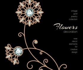 Golden floral with jewels and black background vector 07