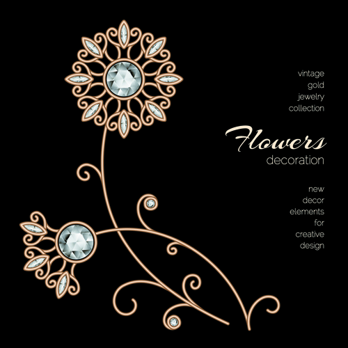 Golden floral with jewels and black background vector 07