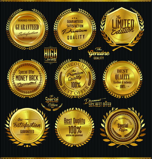 Golden laurel wreath badges vector 02