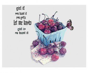 Hand drawn cherries and butterflies vector