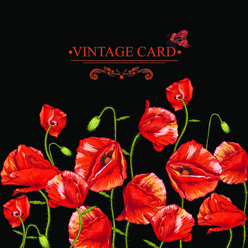 Retro red poppies cards vector graphics 02