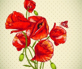 Retro red poppies cards vector graphics 03