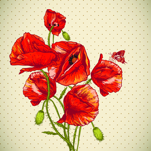 Retro red poppies cards vector graphics 03