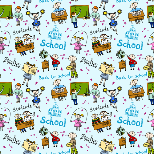 School elements with students seamless pattern vector 03