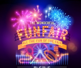 Shiny funfair poster with fireworks vector