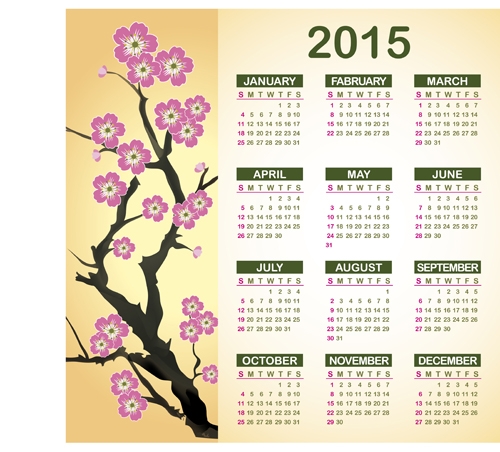 2015 Calendar with plum flower vector