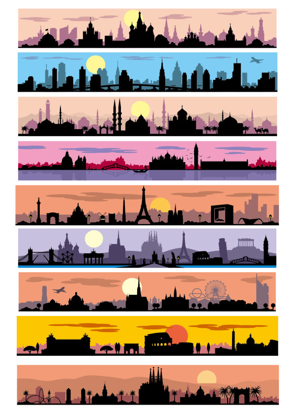City sunset silhouette vector graphics