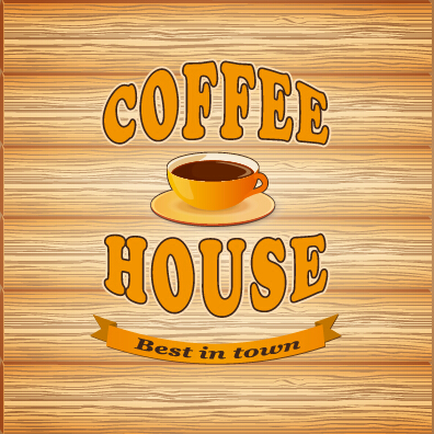 Coffee poster with wooden background vector 01