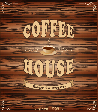 Coffee poster with wooden background vector 02